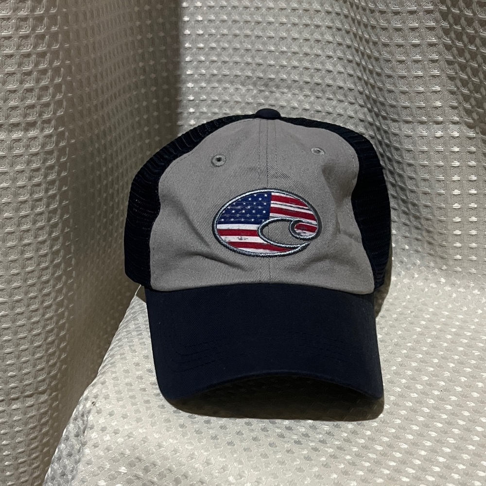 Costa Gray and Navy Trucker Hat with American Flag Logo